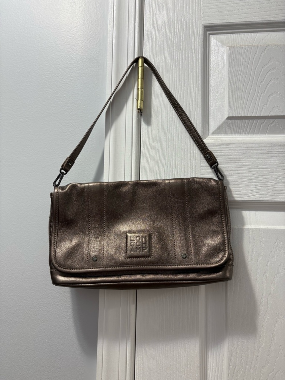 Longchamp Metallic Bronze Leather Fold-Over Shoulder Bag